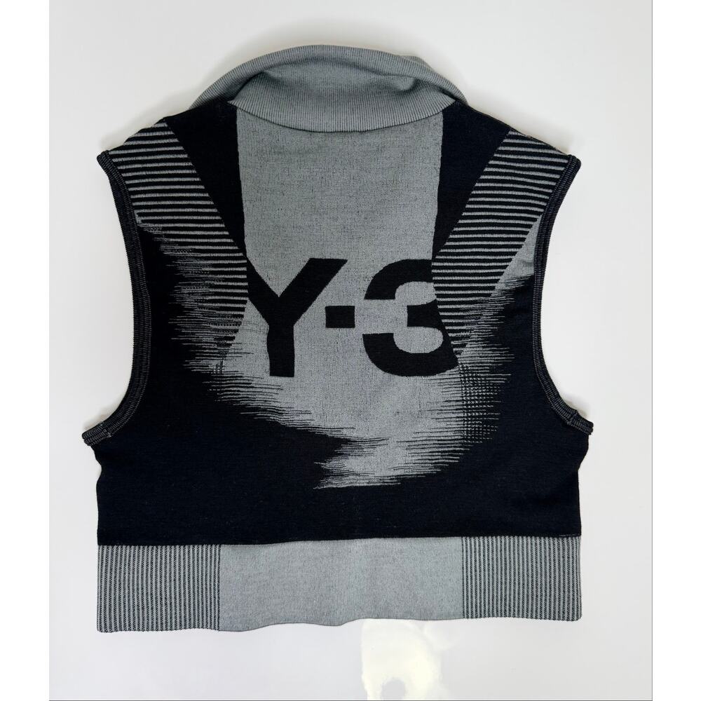 Y-3 Yohji Yamamoto Cropped Knit Vest Sleeveless 1/4 Zip Black Gray Logo Back XS